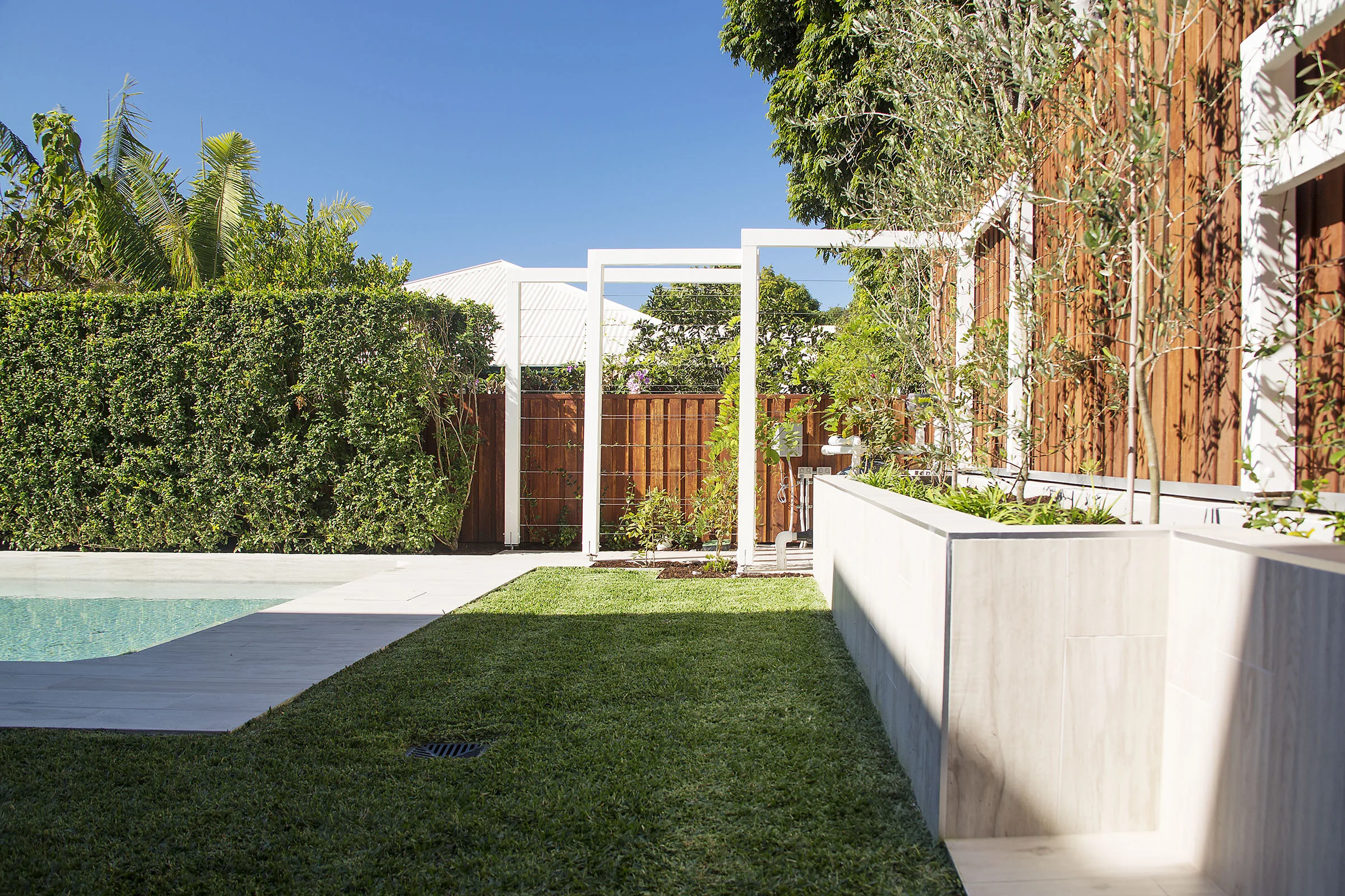 Corner of a rectangular pool framed by a clipped hedge and a white pergola structure