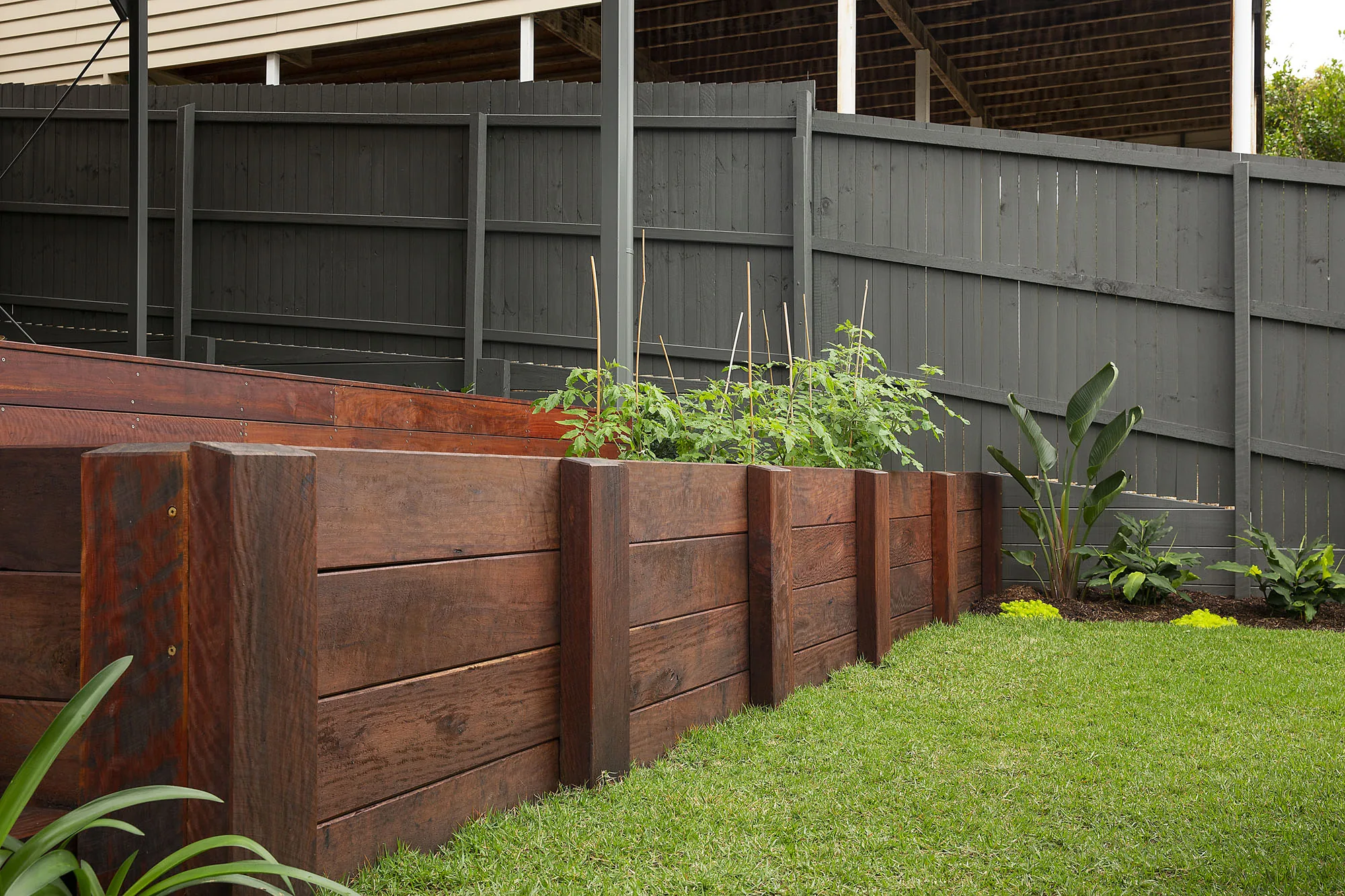 Native grasses and low planting along a stone-clad retaining wall on a timber sleeper edge
