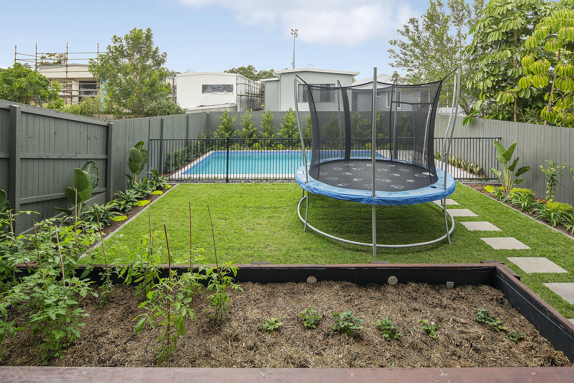 Casual backyard lawn with a trampoline and a raised vegetable garden bed against a paling fence