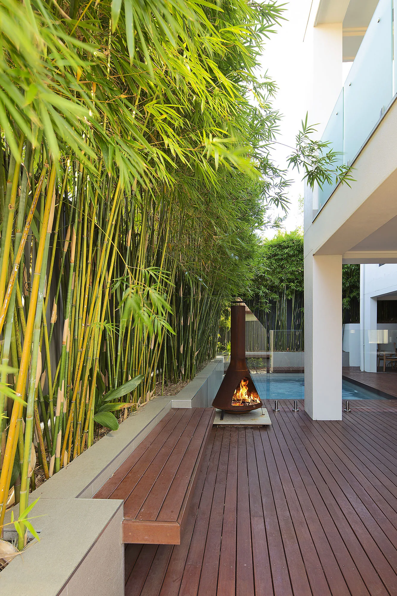 Aerial view of a plunge pool, timber deck, corten fireplace, and bamboo screening in a tight courtyard