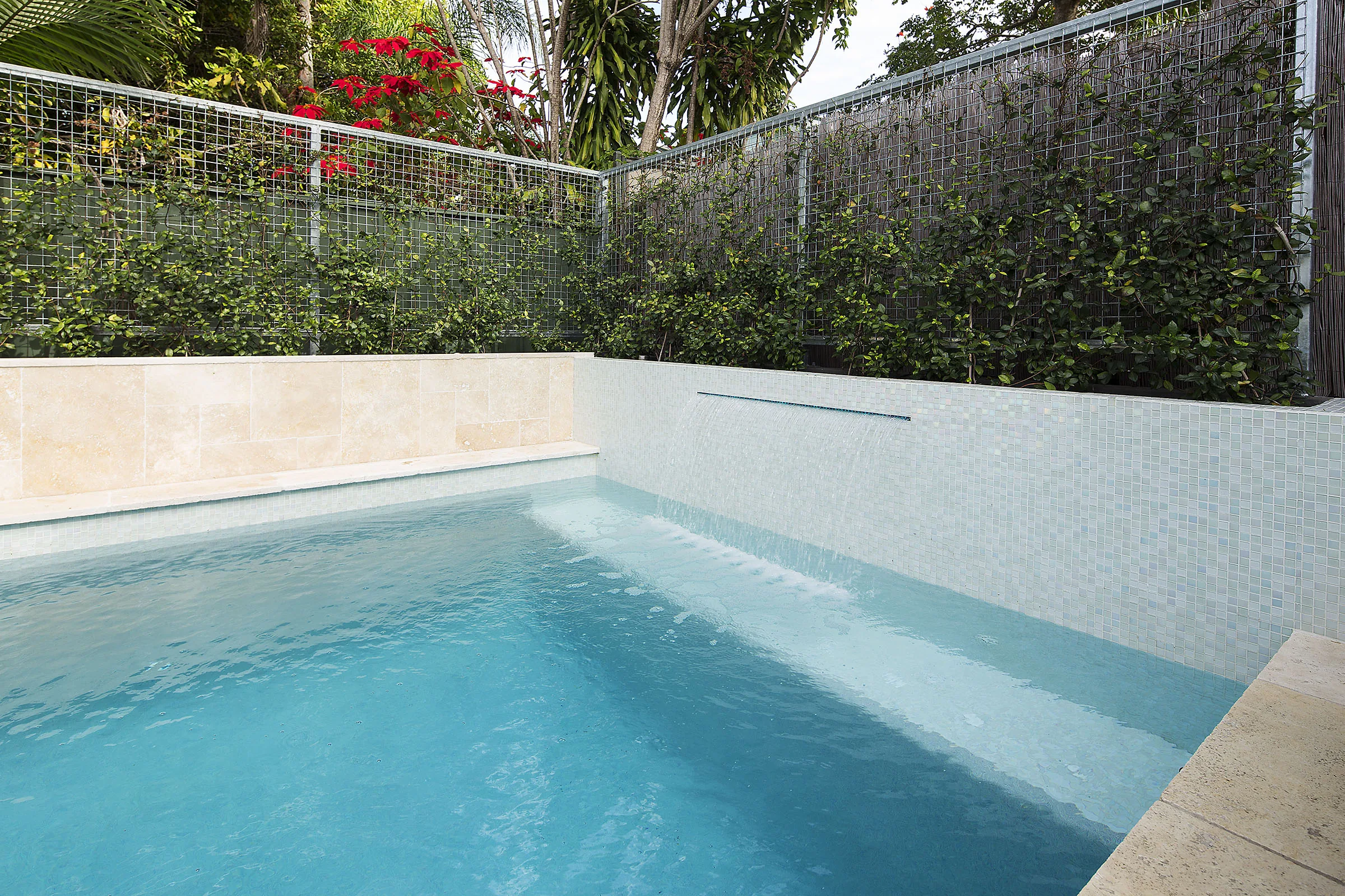 Rectangular pool corner with travertine coping, glass fencing, and a Queenslander home in the background